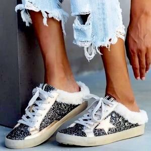 VICI black and gold glitter Sherpa mule sneaker with gold star by ShuShop